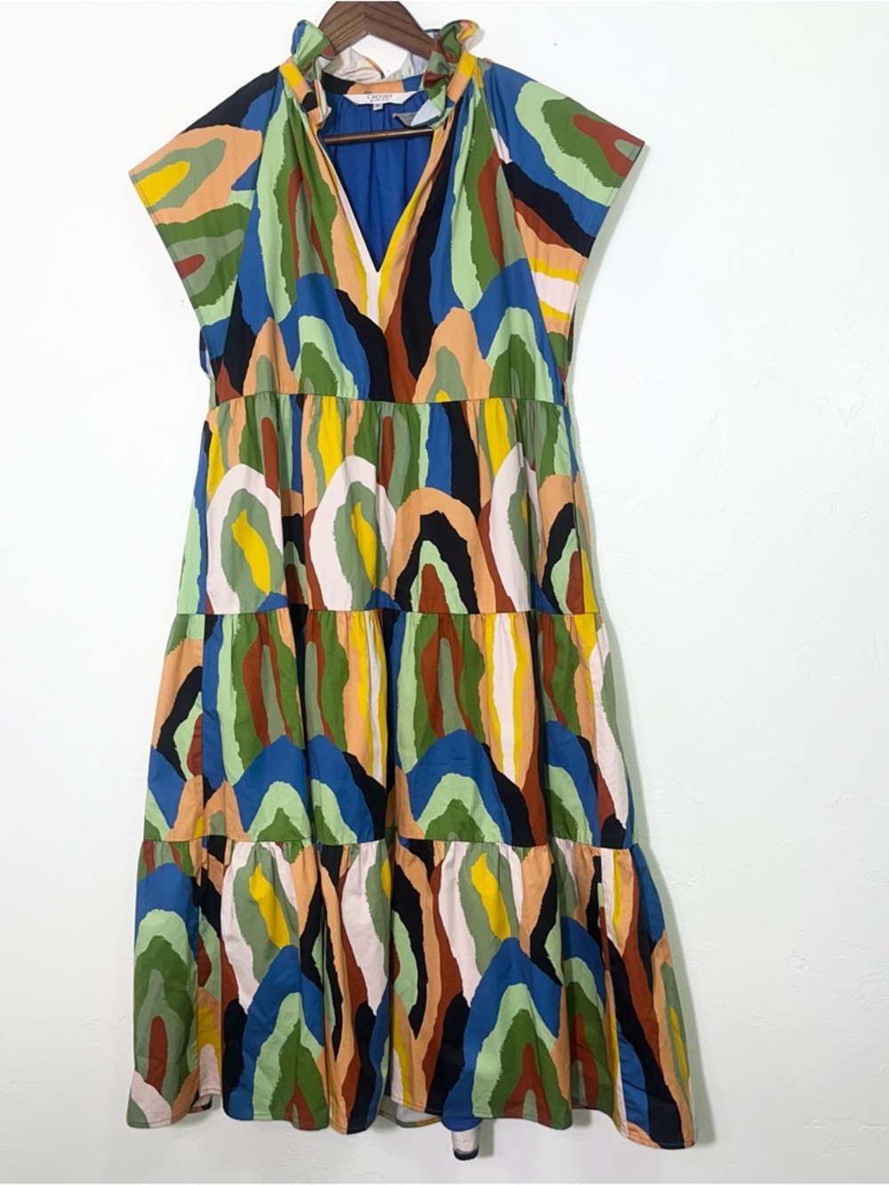 CROSBY by Mollie Burch Watts Dress Geode Print Abstract Tiered Midi Cotton - Picture 3 of 12